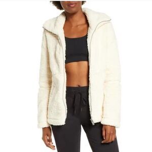 Zella Sadie Ivory Sherpa Funnel Neck Front Zip Jacket